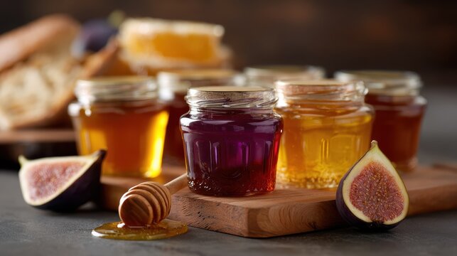 food photography, a sophisticated food magazine features a flat lay of a honey tasting event for world bee day, showcasing rows of glass jars filled with various types of honey on a rustic olive wood