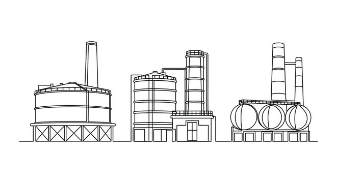 Continuous line drawing of industrial storage tanks and refinery structures