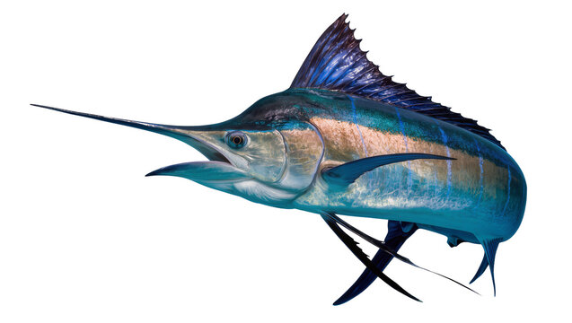 Blue marlin fish with long spear-like bill, isolated on transparent background
