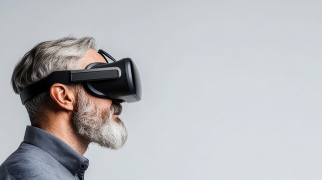 Man using virtual reality device individual experiencing virtual reality technology with headset and controllers