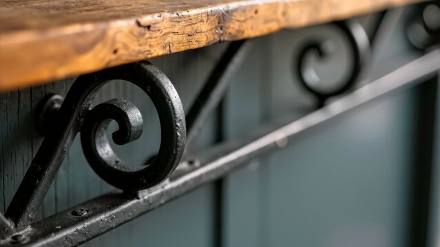 Close up of ornate black wrought iron shelf bracket supporting rustic 