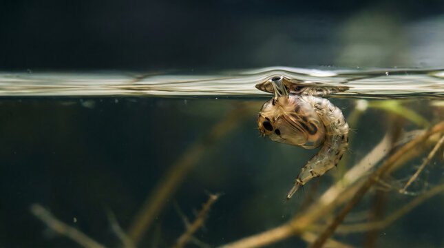 A captivating macro shot of an aquatic insect pupa suspended at the water's surface, showcasing its delicate form and the subtle interaction with its freshwater environment