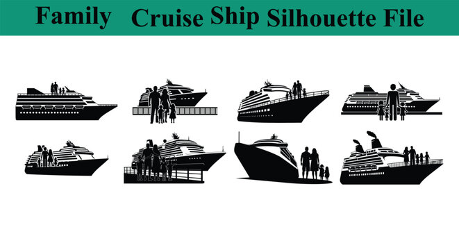Family cruise ship silhouettes with people on deck  vacation travel icons