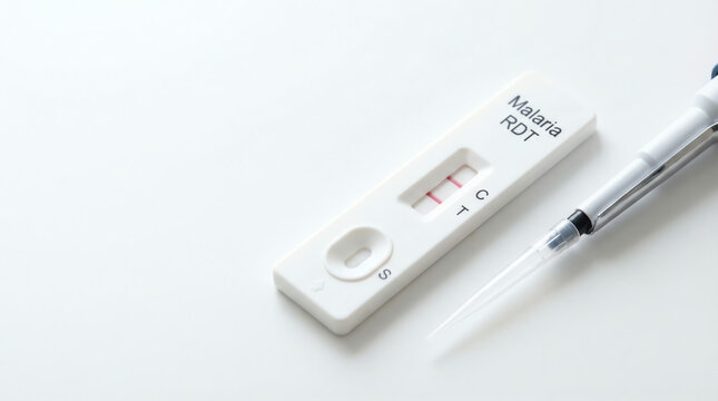 Professional close-up of a rapid malaria diagnostic test showing a positive result, with a pipette on a pristine white background, critical for global health screening