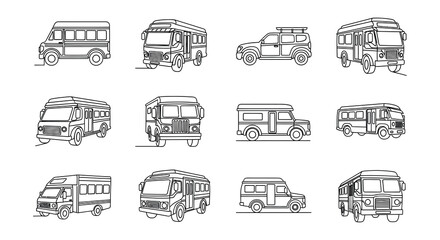 Collection of vehicle line icons including cars trucks and vans © Nayem