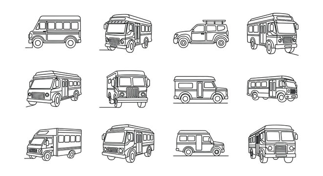 Collection of vehicle line icons including cars trucks and vans