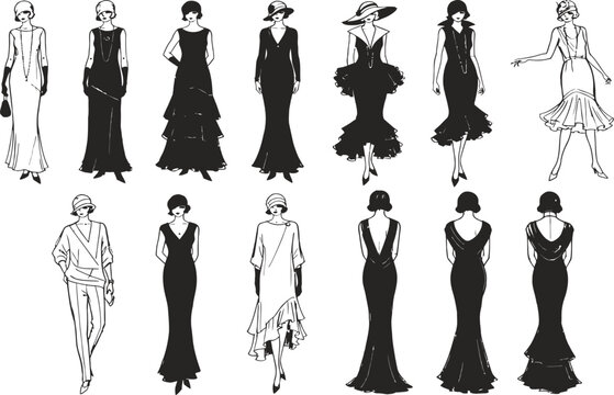 Vintage fashion illustration collection featuring thirteen elegant female models in flapper gowns, hats and evening dresses, monochrome runway sketches isolated
