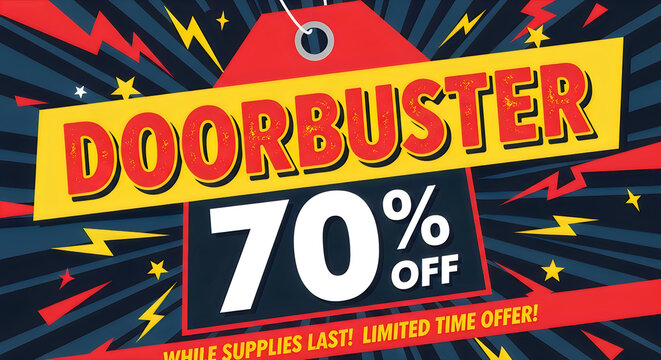Doorbuster Sale Tag &ndash; American Retail Promo Discount Label, Bold USA Shopping Deal Aesthetic