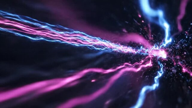 Abstract visualization of energetic cosmic streams of pink and blue light colliding in the vastness of space.