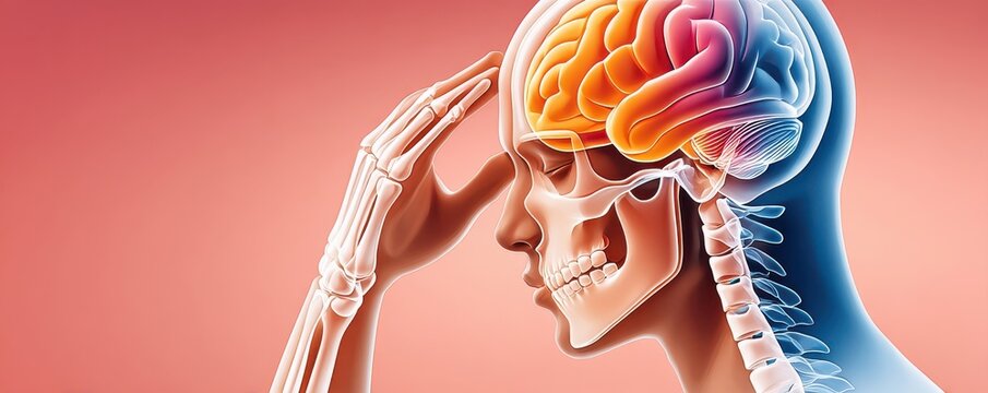Human head anatomy with highlighted brain showing headache pain and skeletal X-ray overlay