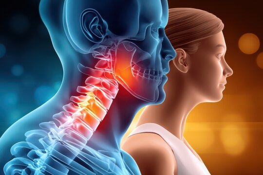 Cervical spine x-ray style medical illustration showing neck pain and vertebrae inflammation in profile