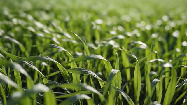 Closeup view of lush green grass swaying gently in the breeze.
