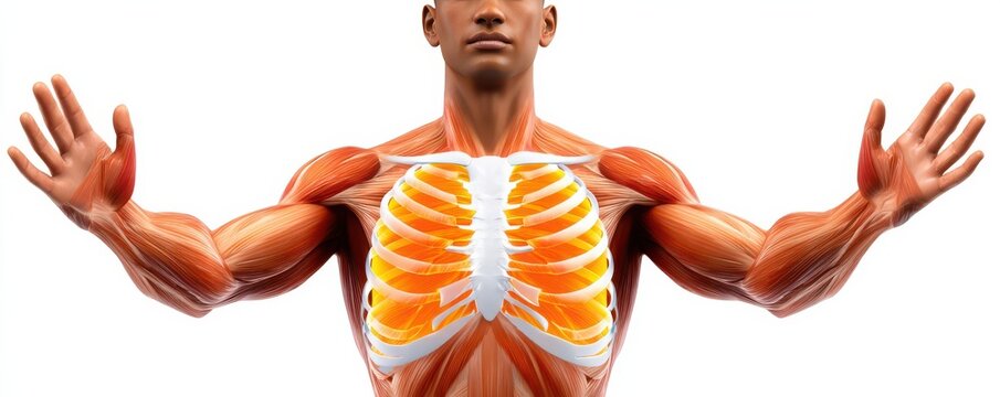 Detailed anatomical illustration of the human chest and neck muscles with highlighted rib cage and sternum