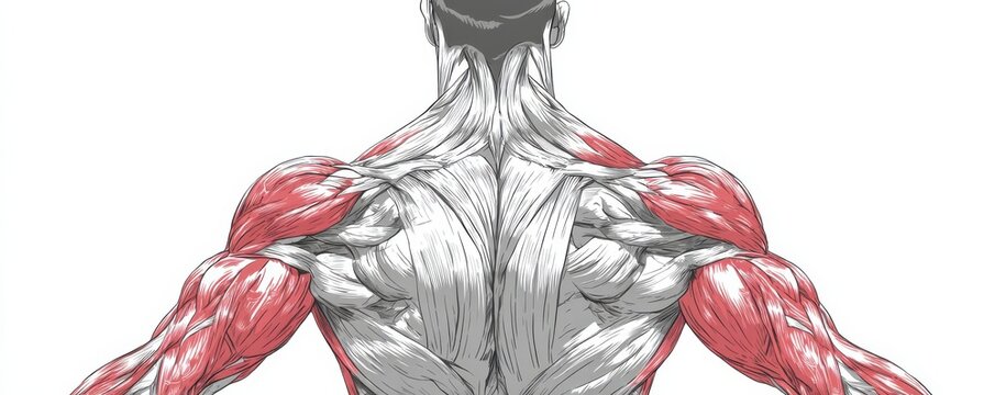 Illustration of back muscles anatomy highlighted on an athlete showing posterior shoulder and upper back anatomy