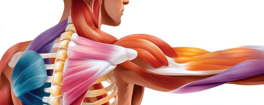 Anatomical illustration of long spinal and shoulder muscles showing detailed back anatomy and muscle structure