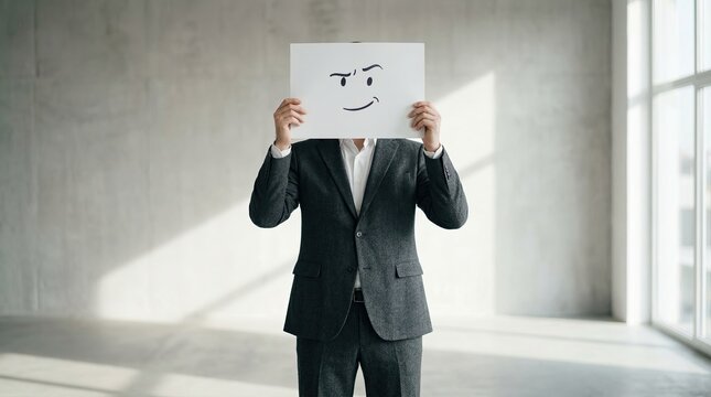 Masked Emotions: A businessman in a dark suit conceals his face behind a drawing of a mischievous smile, hinting at hidden intentions and inner thoughts.