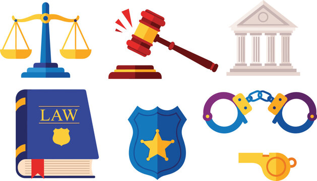 Set of law and justice icons including scales gavel courthouse police badge handcuffs legal book authority symbol vector illustration collection