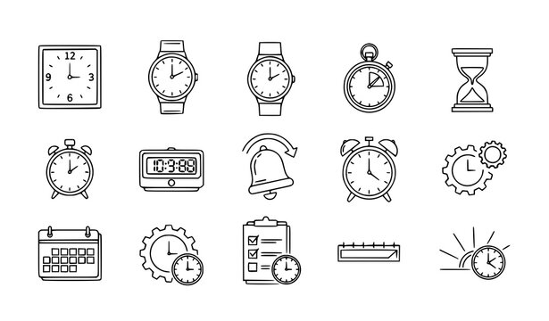&ldquo;Editable time management icon set with clock, watch, timer, and alarm symbols for productivity and scheduling design&rdquo;