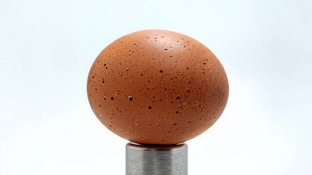 Closeup of a textured brown egg on a metallic stand against a white background.