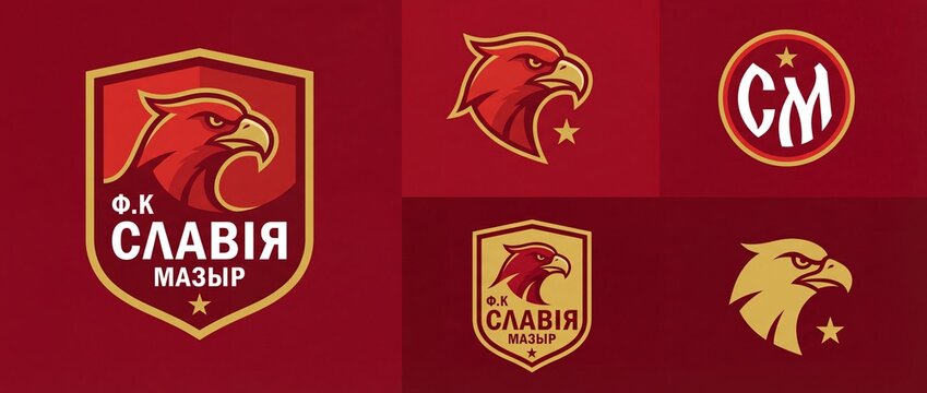 Various designs of the logo system identity for FK Slavia Mazyr featuring an eagle character and stars