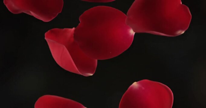 Romantic scattered red rose petals isolated on a dark black background, conveying love and delicate beauty.
