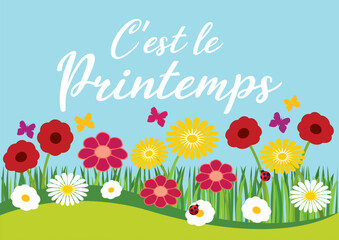 Hello spring. French language. Flowers and blue sky background. Horizontal hand drawn vector illustration. © Albachiaraa
