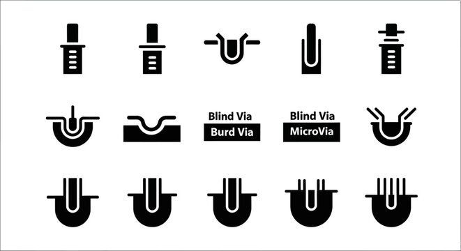Blind Via, MicroVia, Buried Via icons, via types, pcb design elements, 13 symbols