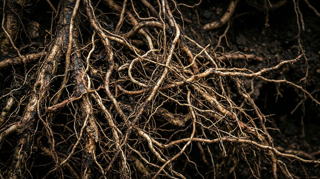 Macro close-up of tangled tree roots exposed in soil, showing a complex underground root network. Natural texture illustrating plant stability, growth, resilience, and connection to the earth.