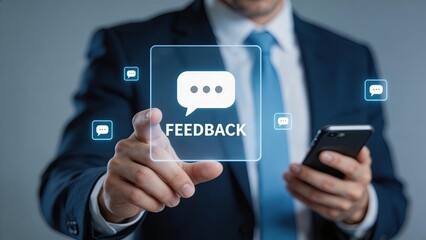 Naklejka premium Businessman touching virtual feedback button on screen digital communication technology concept customer review and opinion interface corporate social media interaction modern