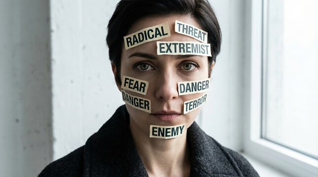 Labelled by Society: A woman's face is covered with labels like Radical, Extremist, Threat, Danger, Terror, Enemy, and Fear.