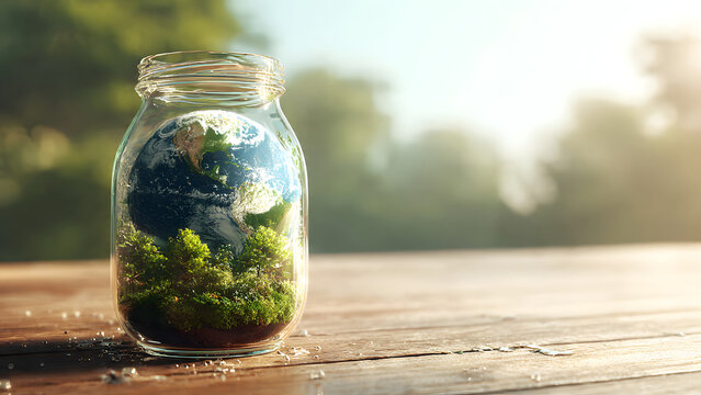 miniature landscape, city, or planet Earth encapsulated within a glass jar. 