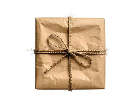 Rustic brown paper parcel tied with twine, isolated on white