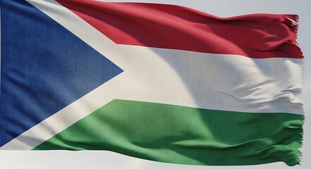 Obraz premium Waving south sudanese flag with blue white red and green stripes