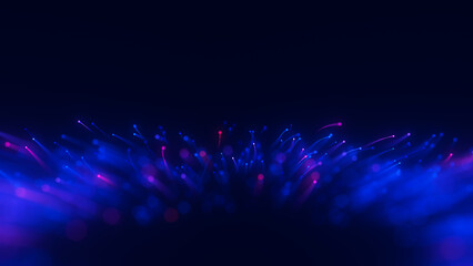 Fototapeta premium Closeup of Big data light speed flow outwards left bottom. Abstract digital data stream of quantum computing. Cyberspace of qubit trail waves. Modern tech information transmission. Ai neural network