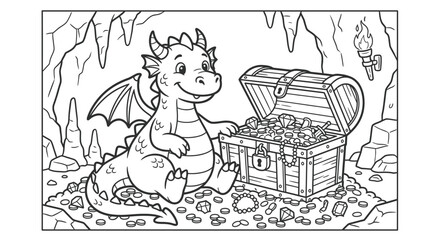 Little dragon sitting by treasure chest. © Suro
