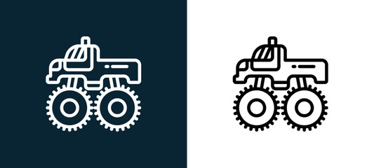 Two-color monster truck outline icon pair in black and white, editable stroke vector illustration for web, mobile apps, UI design, branding, and print from motor sports © MacroOne