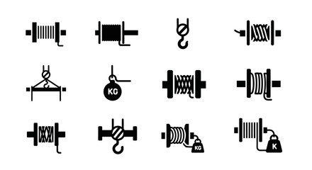 Industrial pulley, rope block, winch icons, mechanical lifting tools, black vector set © Charlie