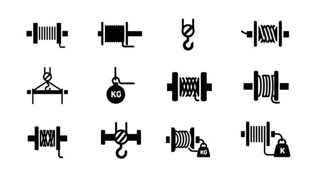 Industrial pulley, rope block, winch icons, mechanical lifting tools, black vector set