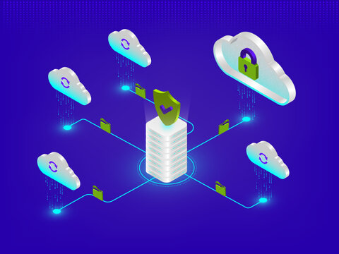 3D Isometric Cloud Data Center with Secure Main Server and Network Connections Vector Illustration.