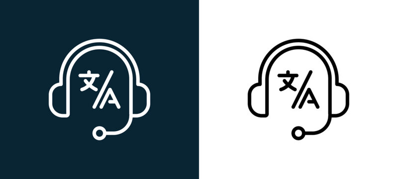 Two-color interpreter outline icon pair in black and white, editable stroke vector illustration for web, mobile apps, UI design, branding, and print from translator