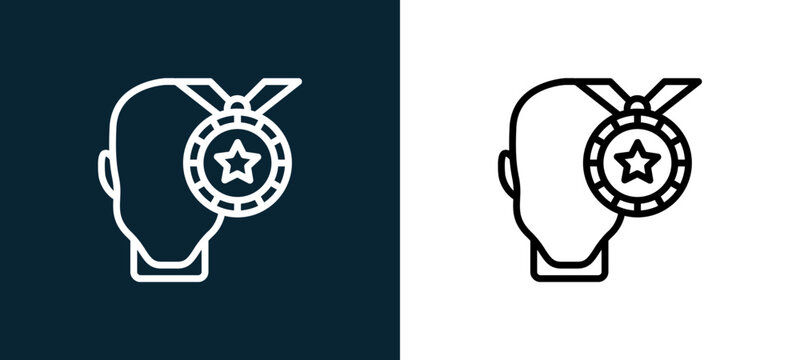 Two-color triumph outline icon pair in black and white, editable stroke vector illustration for web, mobile apps, UI design, branding, and print from human mind