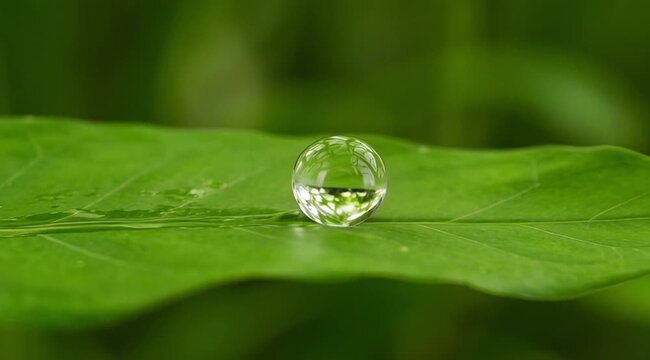 A fresh green leaf sparkles with macro dew droplets in the morning light
