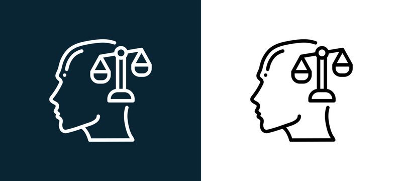 Two-color law outline icon pair in black and white, editable stroke vector illustration for web, mobile apps, UI design, branding, and print from human mind