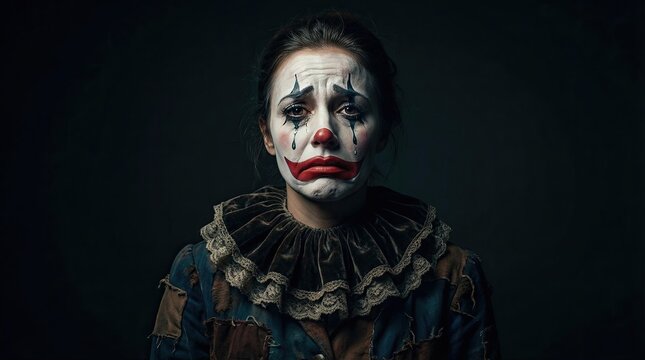 Tears of the Clown: A somber portrait of a woman in clown makeup and costume, her face a canvas of painted sorrow, with mascara tears streaming down her cheeks and a crimson pout.