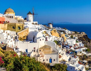 Fototapeta premium A picturesque seaside village featuring whitewashed buildings, domes, and windmills against a clear blue sky