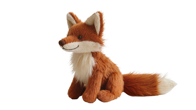 Fluffy plush fox toy with white chest and tail, isolated on transparent background