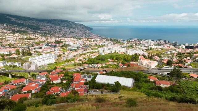 Aerial drone view of Funchal town, Madeira island, Portugal