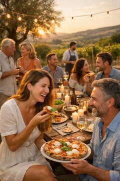 G&auml;ste genie&szlig;en Pizza Bufalina in Kampanien bei Sonnenuntergang
Menschen essen gemeinsam Pizza in mediterraner Landschaft mit warmem Abendlicht