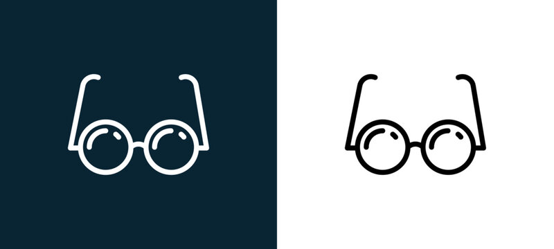 Two-color glasses outline icon pair in black and white, editable stroke vector illustration for web, mobile apps, UI design, branding, and print from science
