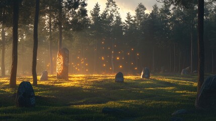 Naklejka premium Mystical Forest Glade: Ancient Stones, Glowing Runes, and Ethereal Light